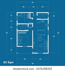 Floor plan blueprint type 63 sqm, Figure of the jotting sketch of the construction and the industrial skeleton of the structure and dimensions. vector eps 10