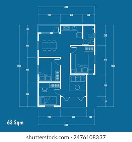Floor plan blueprint type 63 sqm, Figure of the jotting sketch of the construction and the industrial skeleton of the structure and dimensions. vector eps 10