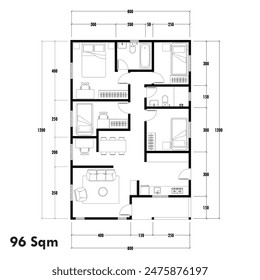 Paket-Grundriss Typ 96 qm, Abbildung der Jotting-Skizze der Konstruktion und des industriellen Skeletts der Konstruktion und Abmessungen. Vektorgrafik eps 10