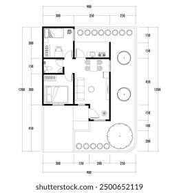 Floor plan blueprint type 96 sqm, Figure of the jotting sketch of the construction and the industrial skeleton of the structure and dimensions.