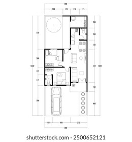 Plano de Plan de piso tipo 96 metros cuadrados, figura del boceto de la construcción y el esqueleto industrial de la estructura y las dimensiones.