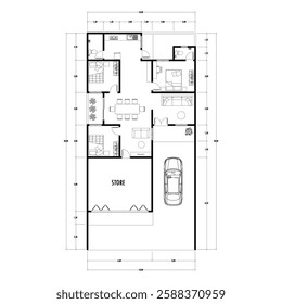 Floor plan blueprint type 96 sqm, Figure of the jotting sketch of the construction and the industrial skeleton of the structure and dimensions. vector eps 10