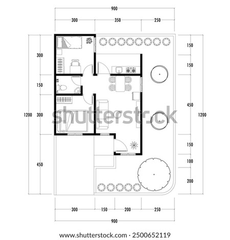 Floor plan blueprint type 96 sqm, Figure of the jotting sketch of the construction and the industrial skeleton of the structure and dimensions.