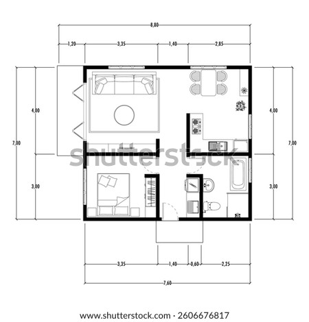 Floor plan blueprint type 96 sqm, Figure of the jotting sketch of the construction and the industrial skeleton of the structure and dimensions.