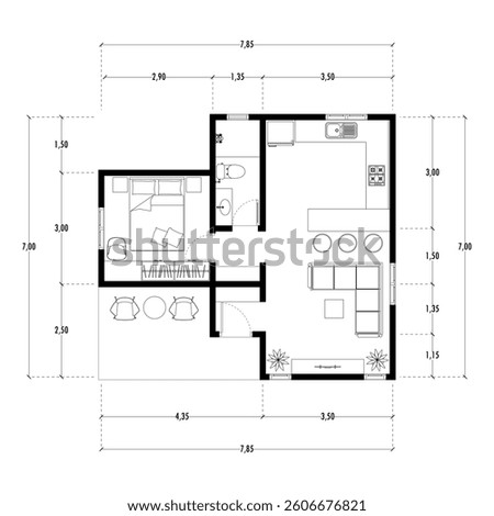 Floor plan blueprint type 96 sqm, Figure of the jotting sketch of the construction and the industrial skeleton of the structure and dimensions.