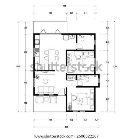 Floor plan blueprint type 96 sqm, Figure of the jotting sketch of the construction and the industrial skeleton of the structure and dimensions.