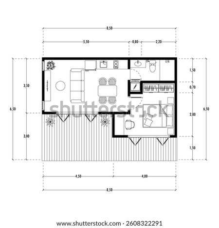 Floor plan blueprint type 96 sqm, Figure of the jotting sketch of the construction and the industrial skeleton of the structure and dimensions.