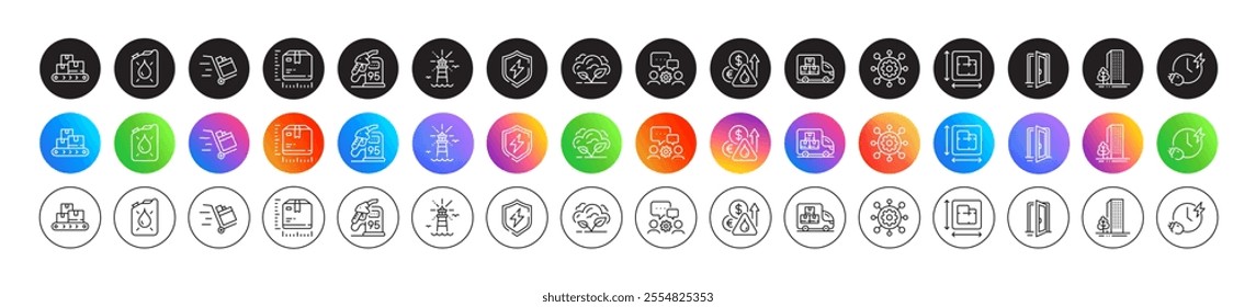 Floor plan, Buildings and Open door line icons. Round icon gradient buttons. Pack of Co2 gas, Lighthouse, Canister icon. Charging time, Wholesale goods, Fuel price pictogram. Vector