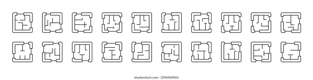 Floor Plan Bundle of Thin Icons. Editable Stroke. Suitable for Web Sites, Books, Cards, Apps 