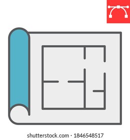 Floor plan color line icon, architecture and blueprint, house plan sign vector graphics, editable stroke filled outline icon, eps 10