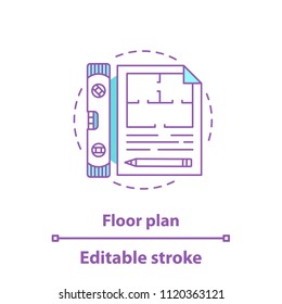 Floor plan concept icon. Blueprint idea thin line illustration. Building project. Vector isolated outline drawing. Editable stroke