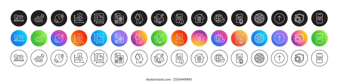 Floor plan, Coronavirus and Swipe up line icons. Round icon gradient buttons. Pack of Certificate diploma, Manual, Fingerprint access icon. Vector