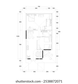 planta do chão da casa de campo com arranjo de móveis e dimensões da sala