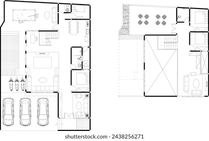 diseño de planta para una casa de dos pisos con un gran concepto de espacio abierto