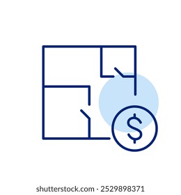 Planta de chão e símbolo de dólar. Avaliação do valor do imóvel, custo de construção ou renovação. Investimento imobiliário, orçamento para design. Ícone de vetor perfeito de pixel