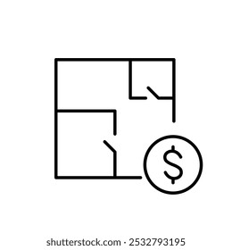 Floor plan and dollar symbol. Property value assessment, cost of construction or renovation. Investment in real estate, budgeting for design. Pixel perfect, editable stroke icon