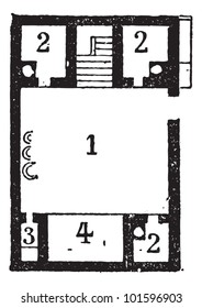 Floor Plan an Egyptian House  showing (1) courtyard  (2) rooms  (3) latrine    (4) shed  vintage engraved illustration  Dictionary Words   Things    Larive   Fleury    1895