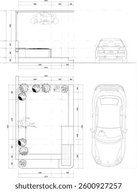 floor plan and elevation of a decorated or designed courtyard or terrace for casual seating