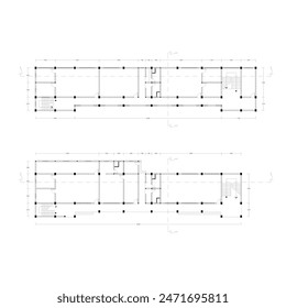 The floor plan of the elongated building is equipped with room dimensions
