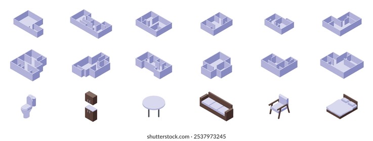 Floor plan empty rooms icons set. Architectural project showing different isometric views of a house plan with furniture