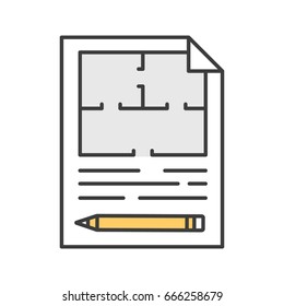 Floor plan, flat blueprint with pencil color icon. Apartment layout. House engineering. Building business. Property development. Isolated vector illustration