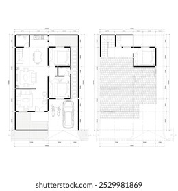 planta do chão e arranjo de móveis ou planta interior de uma casa pequena com dimensões de quarto