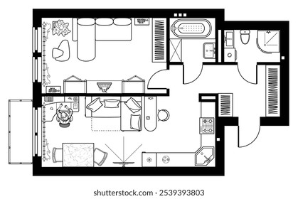 Floor plan, furniture arrangement in top view. Architectural set of furniture thin line icons. Detailed project of kitchen, living room and bathroom in above. Interior of two room apartment. Vector 