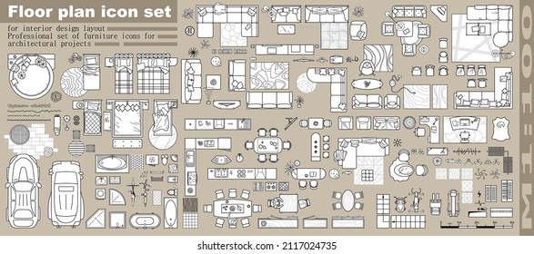Floor plan. Furniture outline top view. Set of isolated linear icons for interior. Objects and elements for apartments, living room, bedroom, kitchen, bathroom. Bed, sofa, table. Vector Illustration