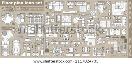 Floor plan. Furniture outline top view. Set of isolated linear icons for interior. Objects and elements for apartments, living room, bedroom, kitchen, bathroom. Bed, sofa, table. Vector Illustration