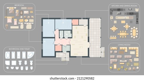 Floor Plan and furniture set top view for interior design house  Colored Architectural Technical floor plan  Three Bedrooms apartment architectural CAD drawing  Vector kit and design elements