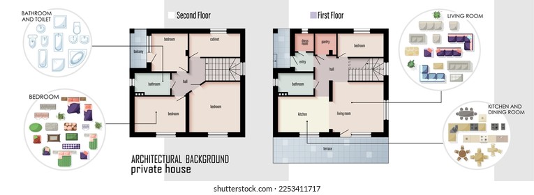 Floor Plan with furniture set top view for interior design of a house. Colored Architectural Technical floor plan. Three Bedrooms apartment architectural CAD drawing. Vector kit with design elements