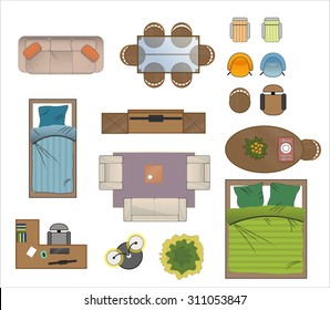 Floor Plan Furniture Set Vector Illustration.