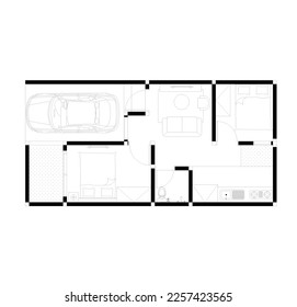 floor plan and furniture plan sketch of a tiny house