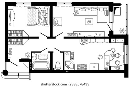 Floor plan with furniture in top view. Architectural set of furniture thin line icons. Detailed layout of the modern apartment. Vector blueprint.