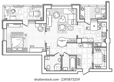 Floor plan with furniture in top view. Architectural set of furniture thin line icons. Detailed layout of the modern apartment. Vector blueprint.