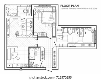 Floor plan with furniture in top view. Architectural set of furniture thin line icons. Detailed layout of the modern apartment. Vector blueprint.