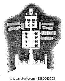 Floor Plan of the Great Temple at Abu Simbel, most rock temples,  entrance, smaller chamber beyond,  vintage line drawing or engraving illustration.