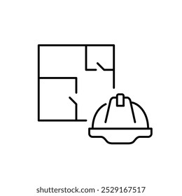 Planta de chão e chapéu duro. Segurança na construção. Engenharia civil, planejamento e design de interiores. Pixel perfeito, ícone de traçado editável