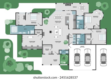 Floor plan of a house. Modern and unique graphic style vector architectural plan with furniture in top view.