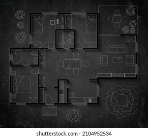 Floor plan of house, on blackboard background with shadows.