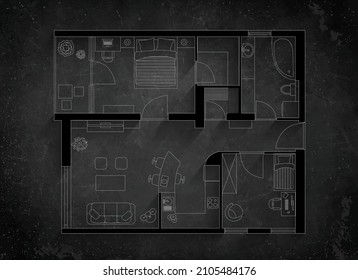 Floor plan of house, on blackboard background with shadows.