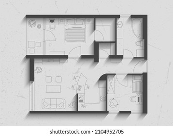 Floor plan of house, on paper background with shadows.