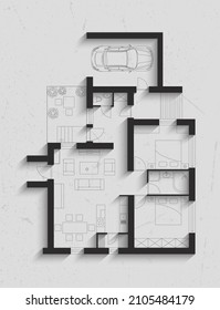 Floor plan of house, on paper background with shadows.