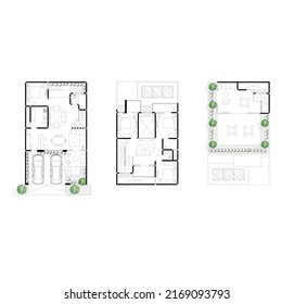 floor plan of a house with three floors with interior arrangement