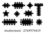 Floor plan icon showing circular table arrangement with chairs. Top view layout perfect for event planning, conference rooms, and banquet hall seating designs.
