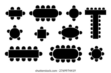 Floor plan icon showing circular table arrangement with chairs. Top view layout perfect for event planning, conference rooms, and banquet hall seating designs.