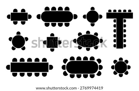 Floor plan icon showing circular table arrangement with chairs. Top view layout perfect for event planning, conference rooms, and banquet hall seating designs.