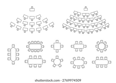Floor plan icon showing round table arrangement with chairs in circular layout for conference or event setup, top view design for interior planning and seating organization