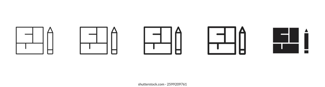 Floor plan icons in black outline, solid and colored style
