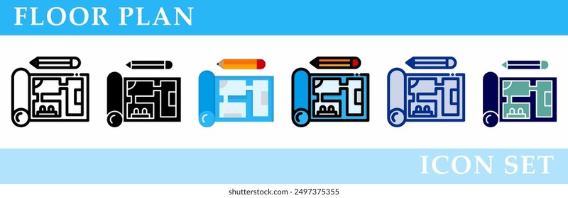 Floor plan icons set. 6 Various styles. For sign, symbol, element, presentation, infographic or web graphics. Vector Illustration.